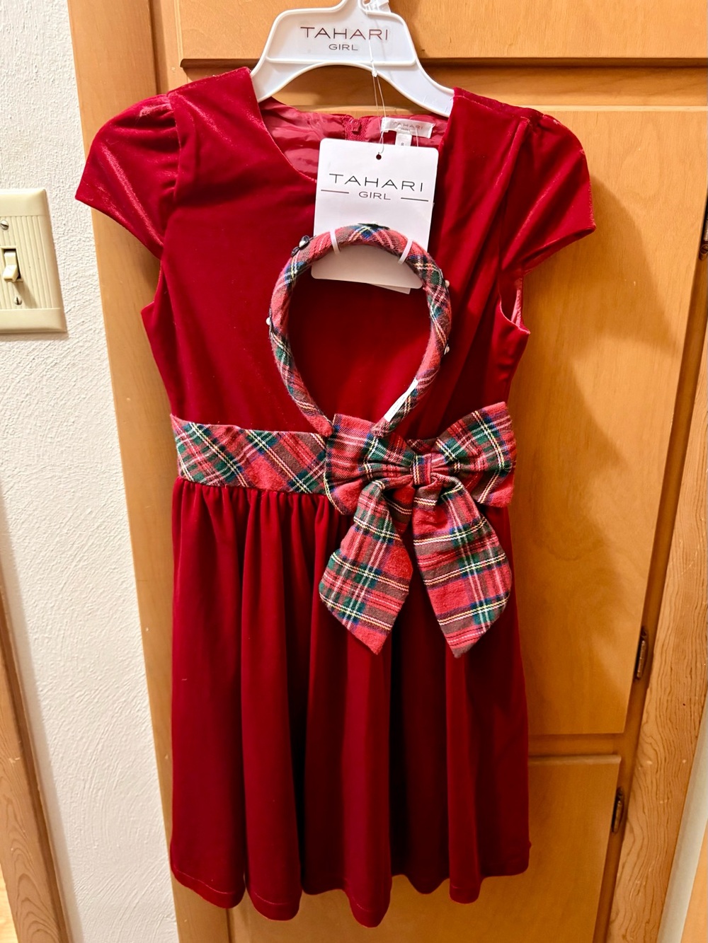 Tahari Girl Red Velvet Dress with Plaid Bow Headband